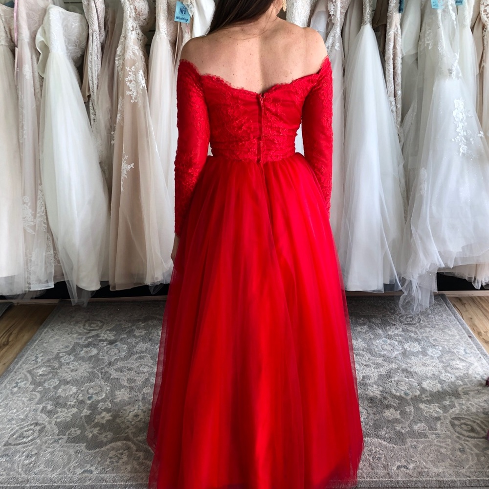 Red Off Shoulder Ball Gown Tulle Skirt, Lace Top - Picture 2 of 8